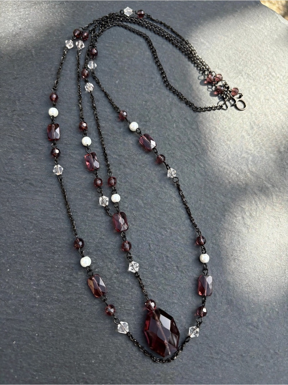 Dark Garnet Glass Bead Long Necklace with Pearl Accents